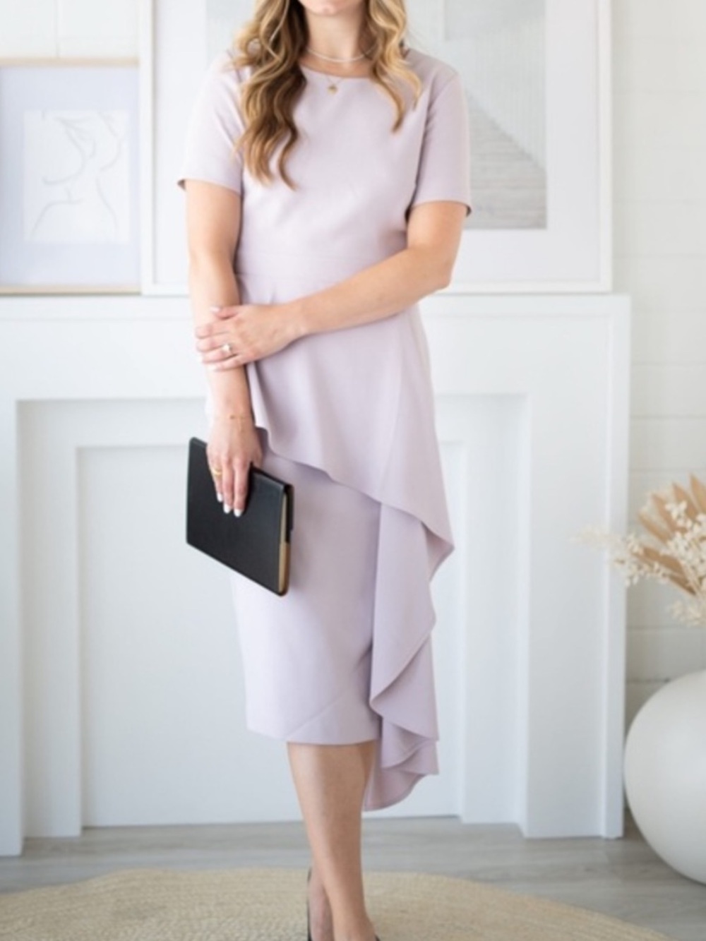 Rachel Parcell Modest Midi Sheath Pencil Dress Cascading Ruffle Soft Lilac S